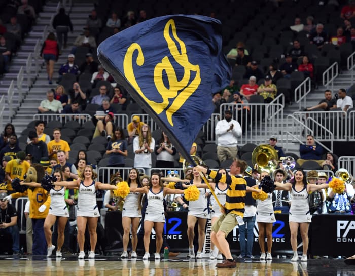 A man in a blue and gold striped shirt waving a Cal flag.