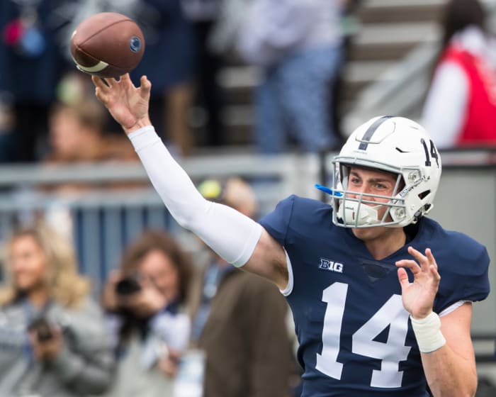 Penn State quarterback Sean Clifford throws a pass during warm-ups.