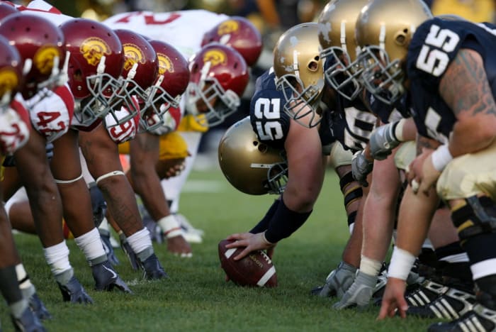 Notre Dame's offensive line lined up across from USC's defensive line.