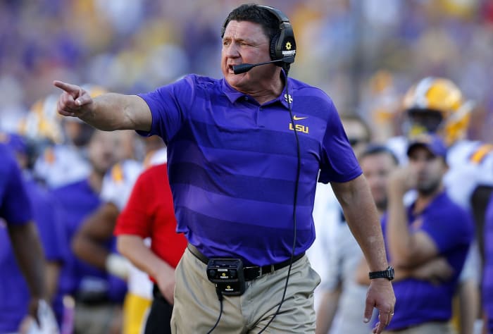 A closeup of LSU football coach Ed Orgeron.
