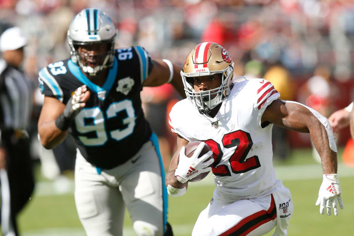 Matt Breida carries the ball against Carolina.