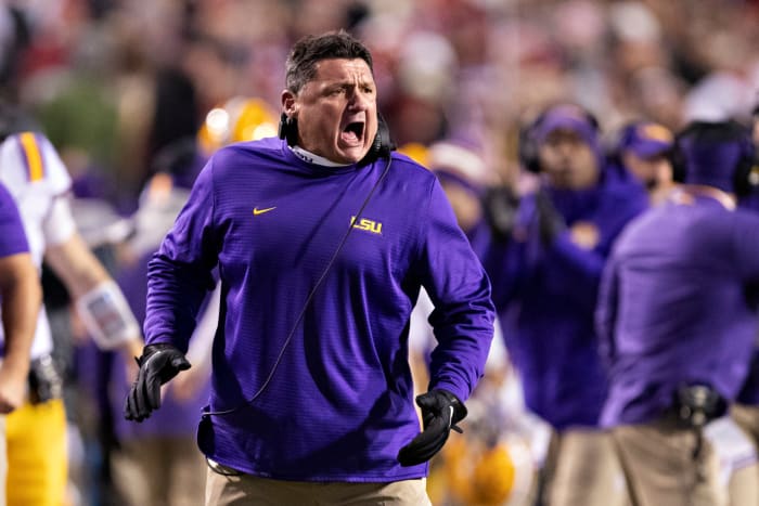 A closeup of LSU football coach Ed Orgeron.