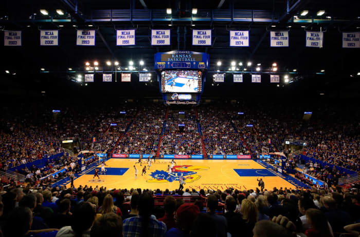 A general view of the Kansas Jayhawks basketball court.