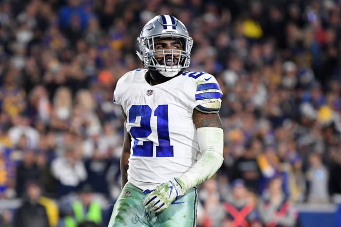 A closeup of Ezekiel Elliott during a Cowboys game.