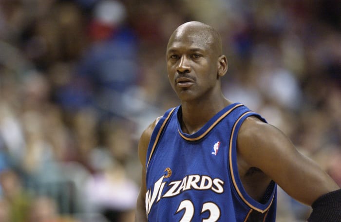 A closeup of Michael Jordan on the court during a Washington Wizards game.