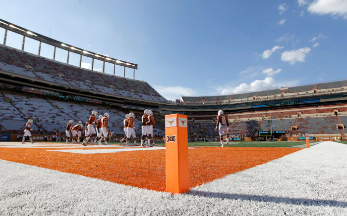 A pylon in the Texas Longhorns endzone.