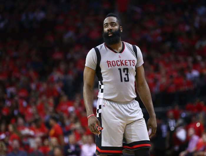 James Harden in a grey Houston Rockets alternate uniform.