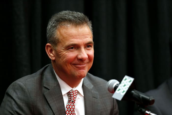 A closeup of Urban Meyer during an Ohio State Buckeyes press conference.