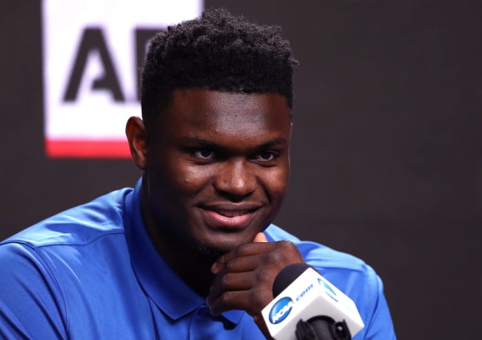 Zion Williamson speaking to the media.