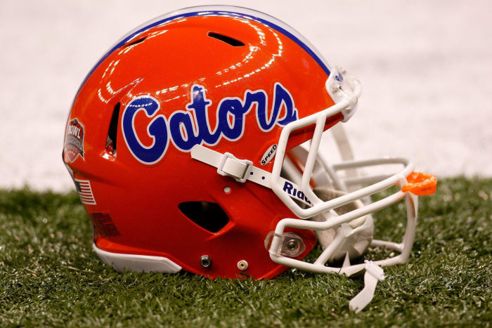 A closeup of a University of Florida football helmet.