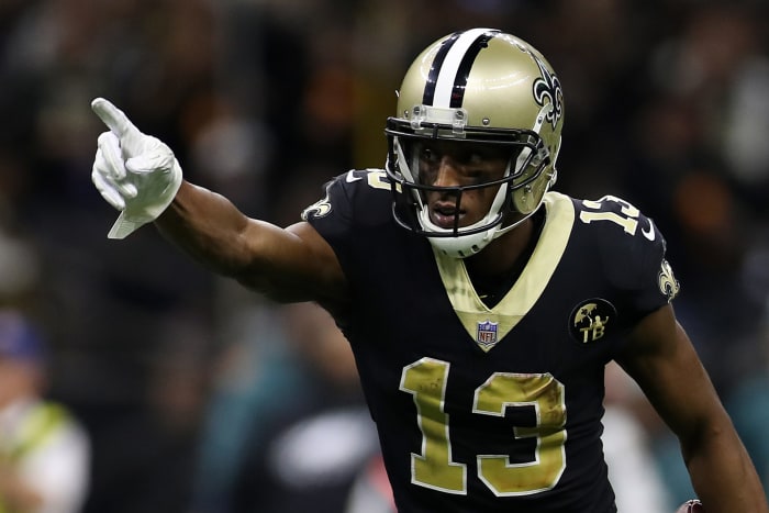 A closeup of Michael Thomas during a New Orleans Saints game.