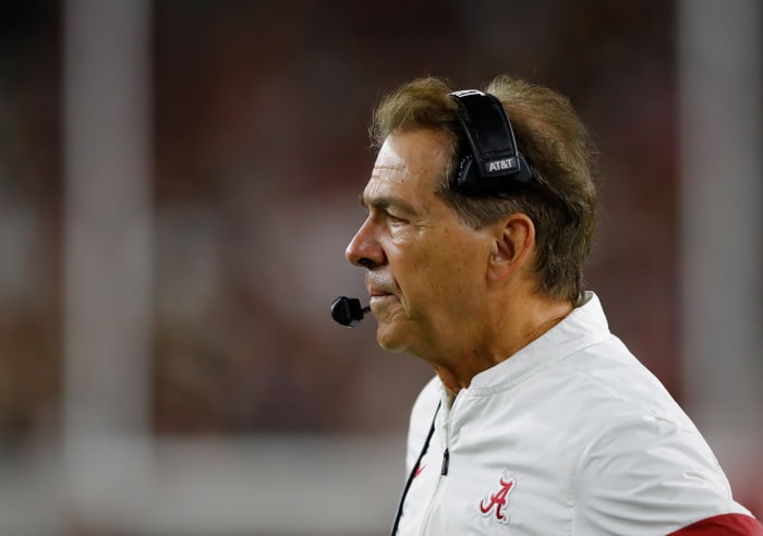 Alabama head coach Nick Saban on the sideline of a game.