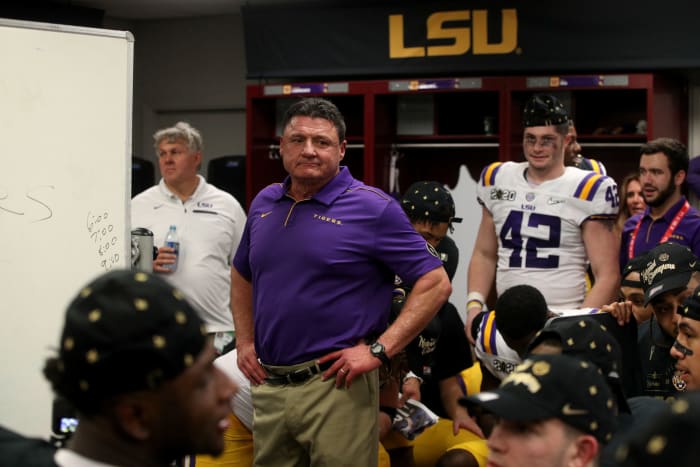 LSU head coach Ed Orgeron in the locker room.