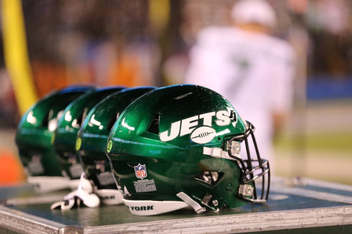 General shot of the new Jets helmets at MetLife Stadium.