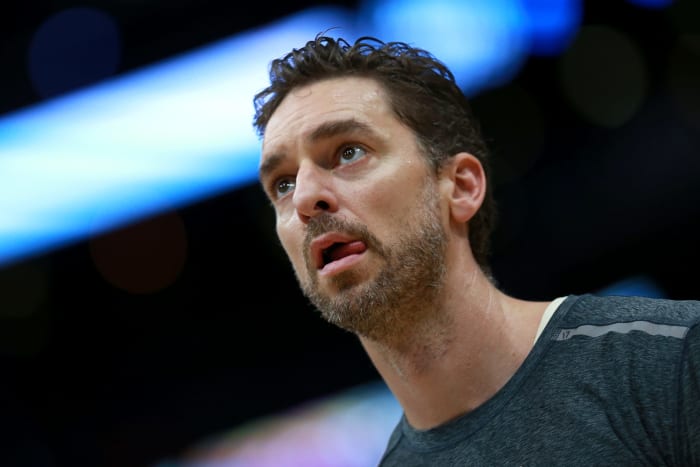 A headshot of Pau Gasol warming up before a game.