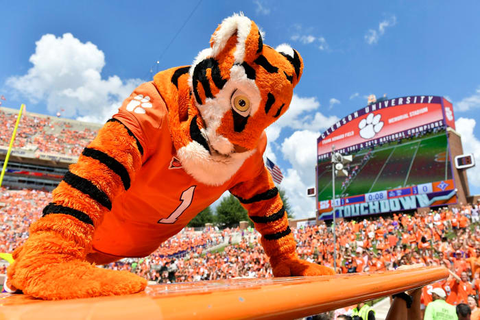 Clemson's mascot crowd surfing.