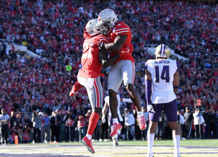 Parris Campbell and Dwayne Haskins celebrate at the Rose Bowl.