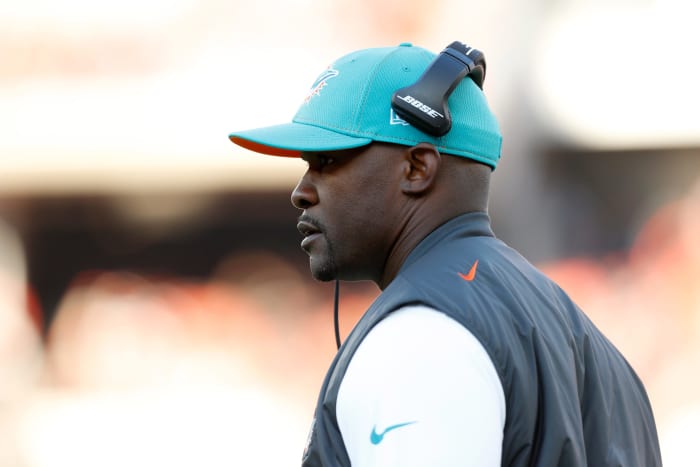 Miami Dolphins head coach Brian Flores on the sideline.