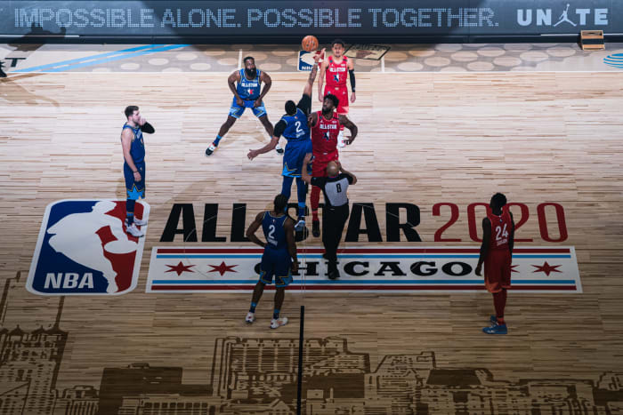 The 2020 NBA All-Star Game in Chicago featuring Anthony Davis tipping off.