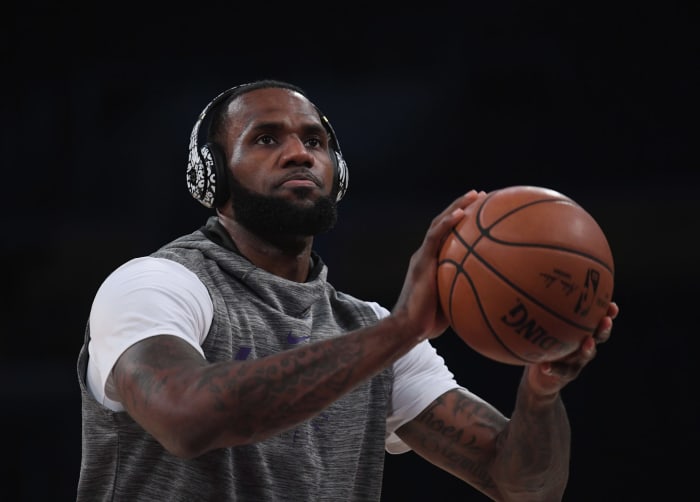 LeBron James shooting the ball during warmups.