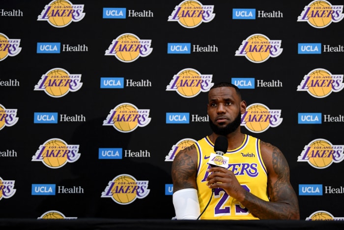 LeBron James holding a microphone on Media Day.