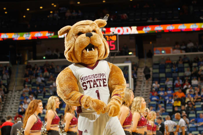 Mississippi State's mascot at a basketball game.