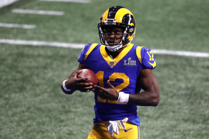 Brandin Cooks on the field during the Super Bowl.