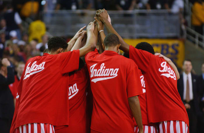 The Indiana Hoosiers huddle before the Indiana basketball team plays in the men's NCAA Basketball National Championship game against the Maryland Terrapins.