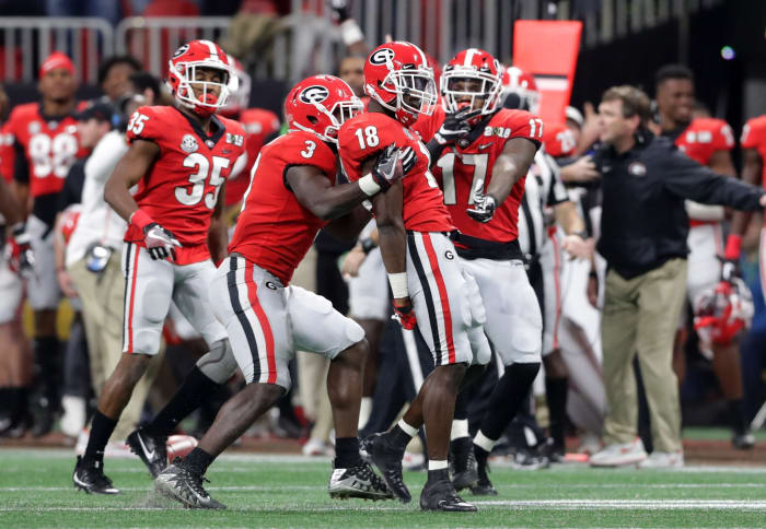 Deandre Baker celebrates an interception for Georgia Bulldogs.