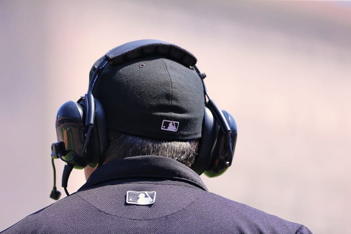 The backside of an mlb umpire's head.