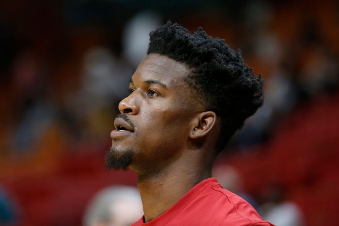 Miami Heat All-Star guard Jimmy Butler on the floor.