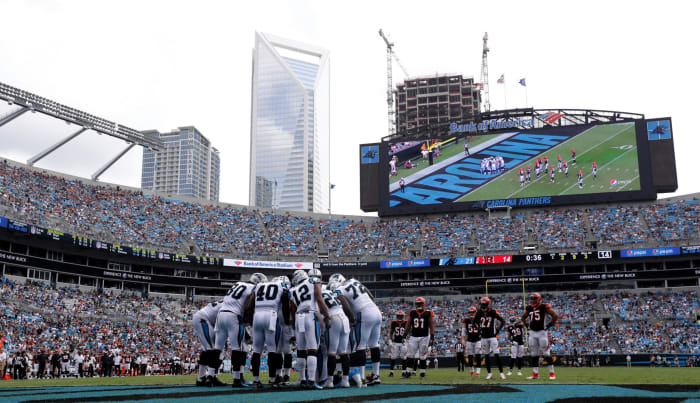 The Carolina Panthers huddled up close to their own end zone.
