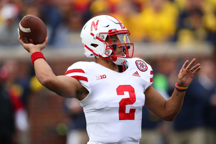 Adrian Martinez throws a pass for Nebraska.