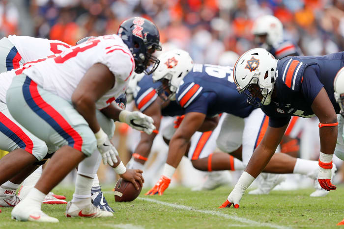 Auburn's defensive line up, including Derrick Brown, up against Ole Miss.