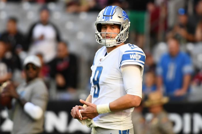 Detroit Lions quarterback Matthew Stafford looks at the sideline.