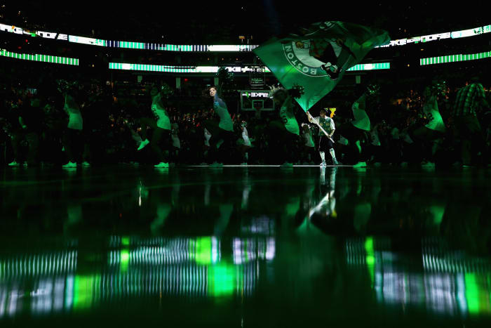 a photo of the boston celtics warming up