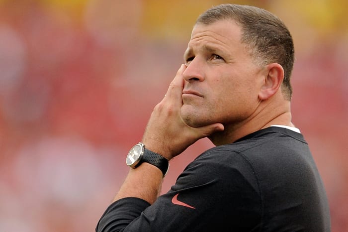 A closeup of Greg Schiano with his hand on his chin.