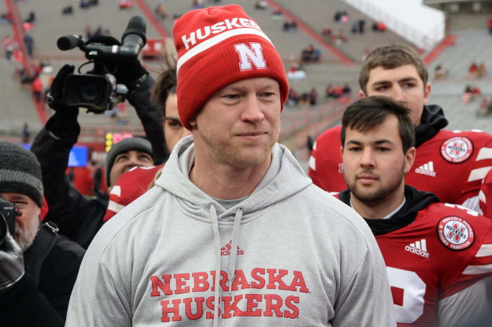 A closeup of Scott Frost before a Nebraska football game.