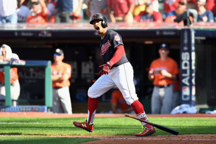 Francisco Lindor reacting to hitting a home run.