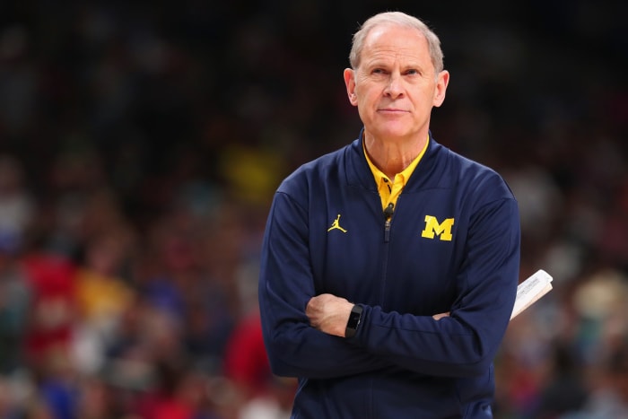 Head coach John Beilein of the Michigan Wolverines looks on during practice before the 2018 Men's NCAA Final Four.