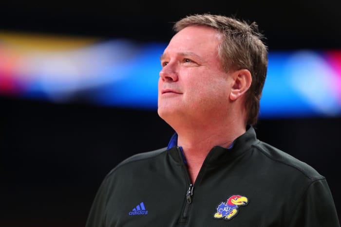 A closeup of Bill Self in a Kansas Jayhawks uniform.
