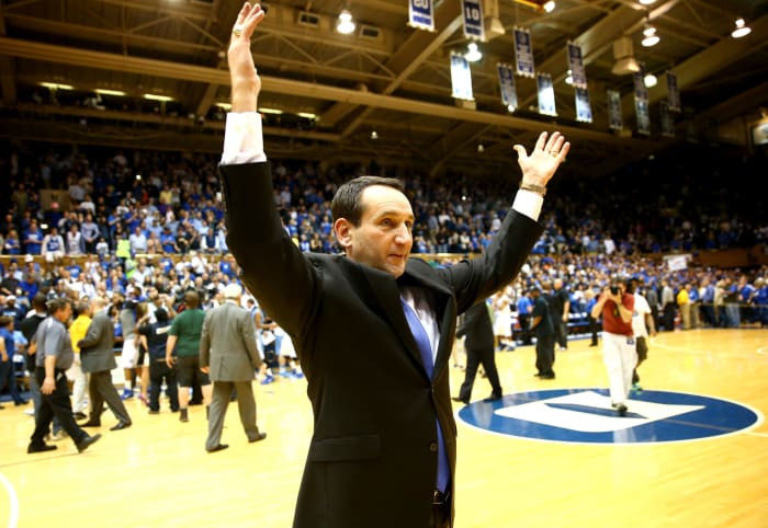 Coach K celebrating after a Duke victory.