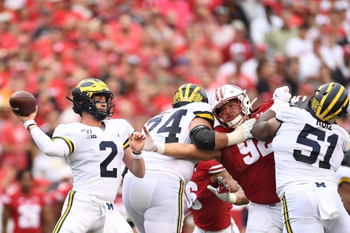 Michigan quarterback Shea Patterson throws in first half.