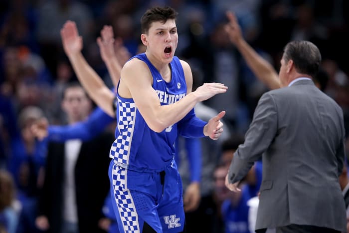 Tyler Herro of the Kentucky Wildcats reacts.