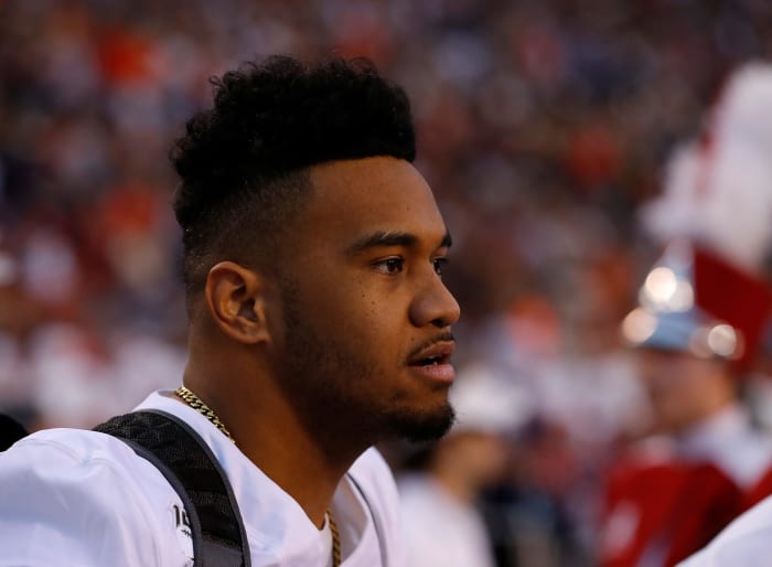 Alabama quarterback Tua Tagovailoa on the sideline vs. Auburn. He was the No. 5 pick by the Miami Dolphins in the 2020 NFL Draft.