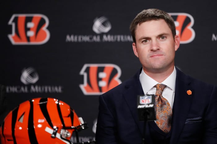 Zac Taylor speaking to the media at a Cincinnati Bengals press conference.