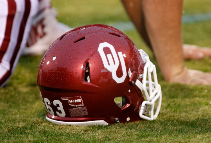 A close up of an Oklahoma Sooners football helmet.