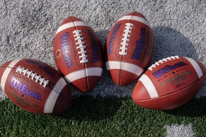 A medium-shot of footballs used by Northwestern and Nebraska.
