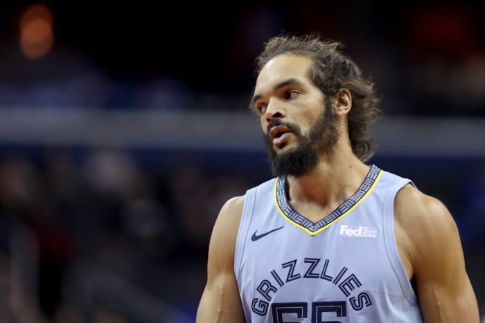 A closeup of Joakim Noah on the court for the Memphis Grizzlies.