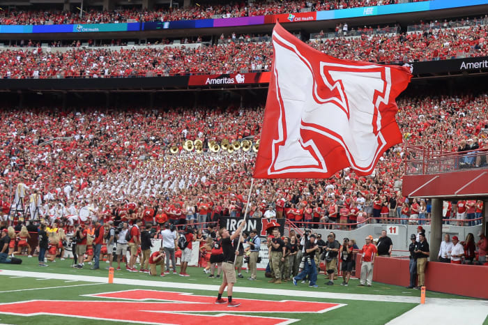 Shot of the Nebraska Cornhuskers flag at a Nebraska football game.